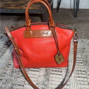 Dooney & Bourke Red Leather Satchel with Brown Trim and Strap